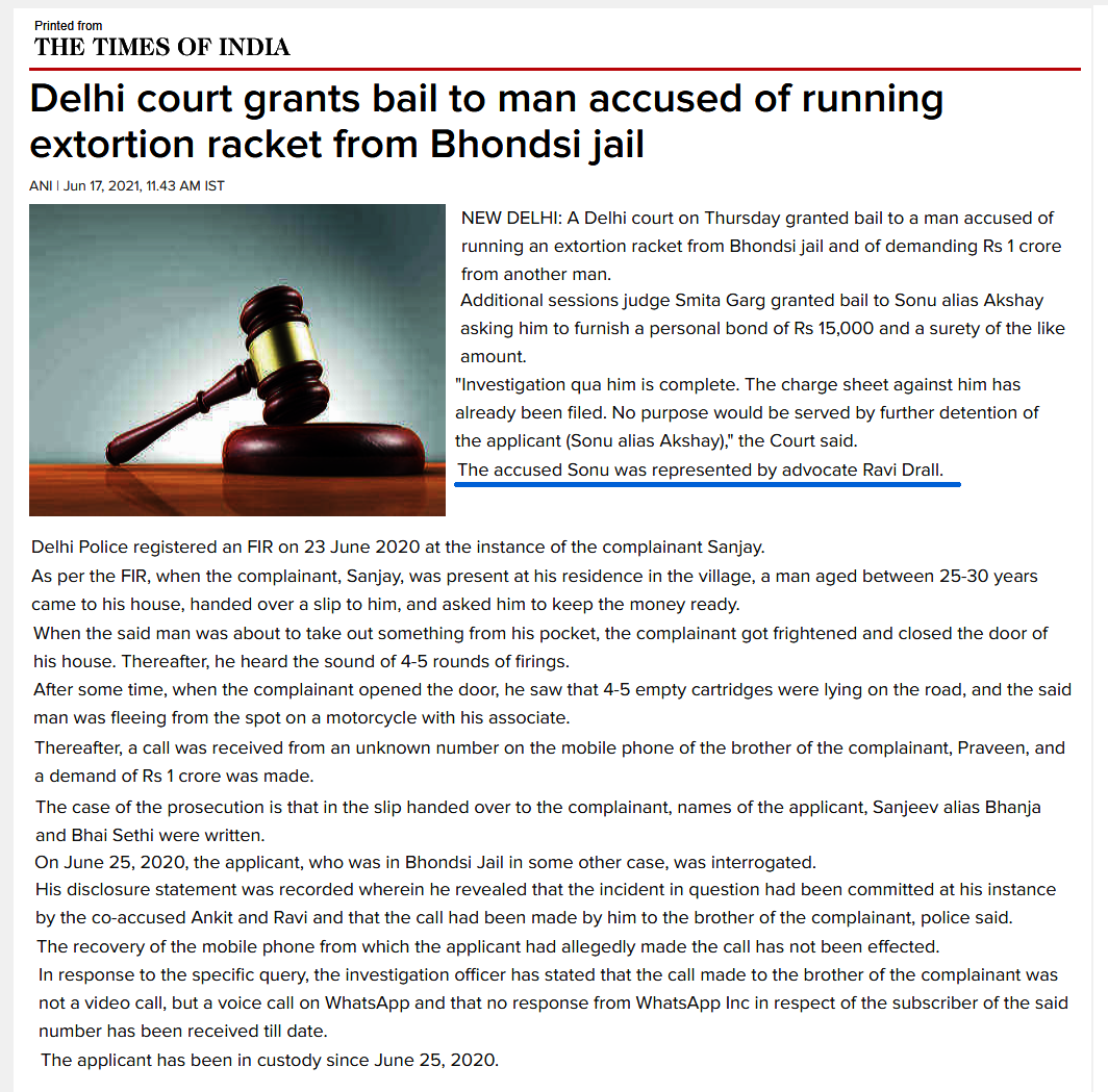 Delhi court grants bail in alleged ?1 crore extortion case involving Advocate Ravi Drall