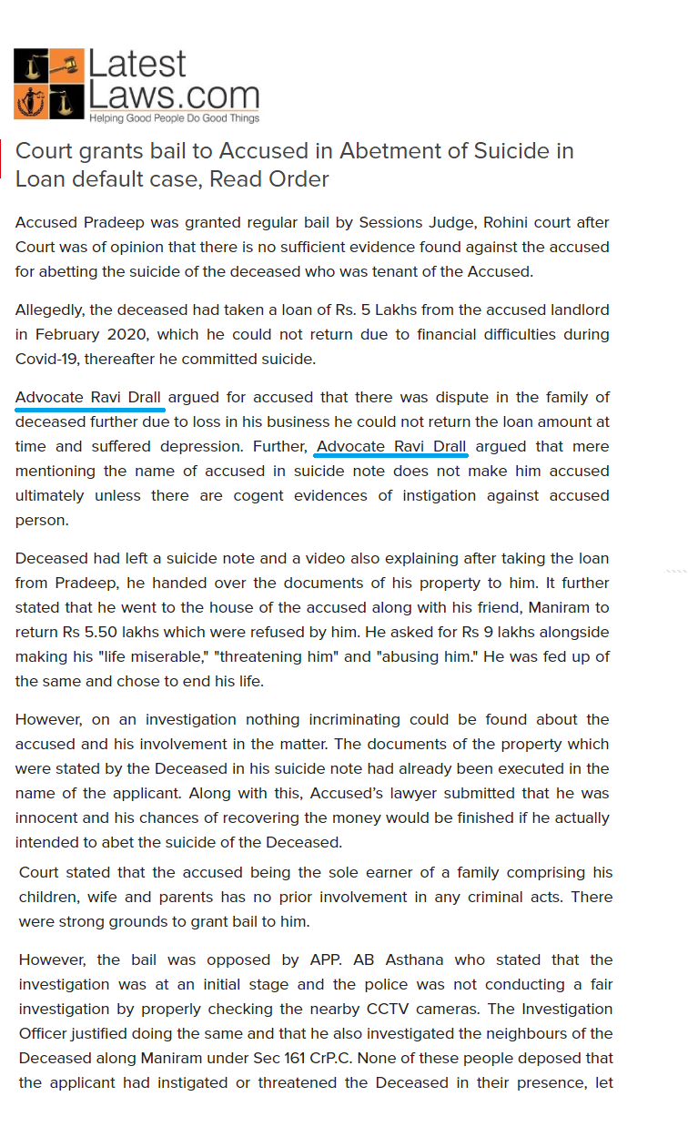 Advocate Ravi Drall case study on regular bail in a Delhi abetment of suicide case before Rohini Sessions Court