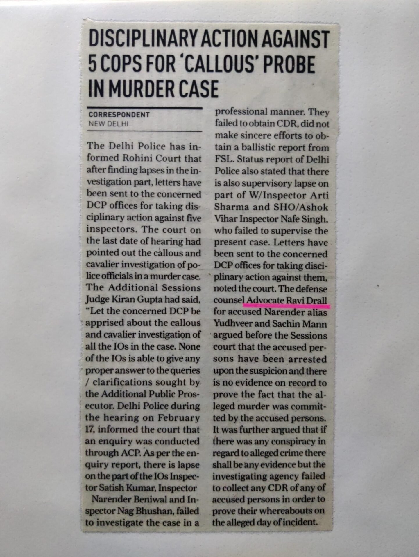 Disciplinary action against 5 Delhi Police inspectors for defective investigation