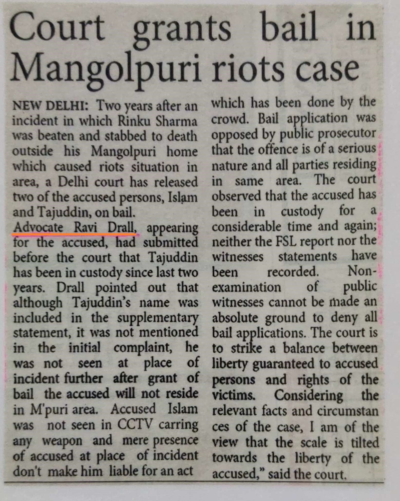 Rinku Sharma murder case bail granted to accused in Delhi